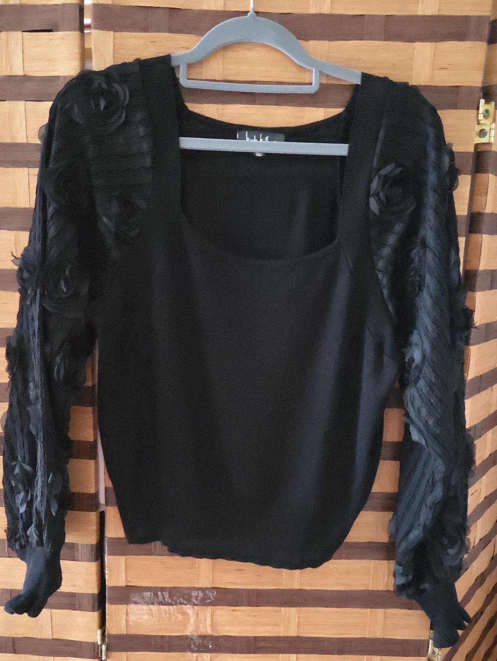 Nicole Miller Black Scoop Neck Sweater with Puffed Sheer Floral Sleeves